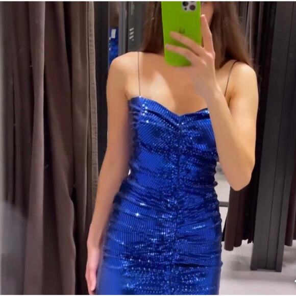 ZARA BLOGGER FAVORITE SPARKLY DRAPED DRESS INK BLUE - Picture 6 of 15